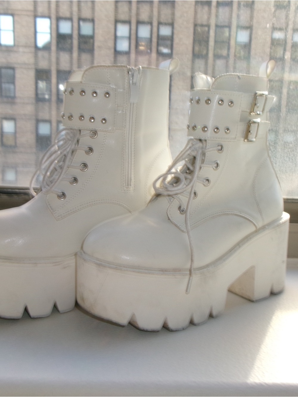 White Platform Lace-Up Ankle Boots with Buckle Detail - Picture 6 of 6